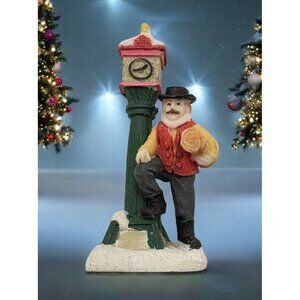Vintage Christmas Village Figurine Street Clock with Waiting Man Snow Covered